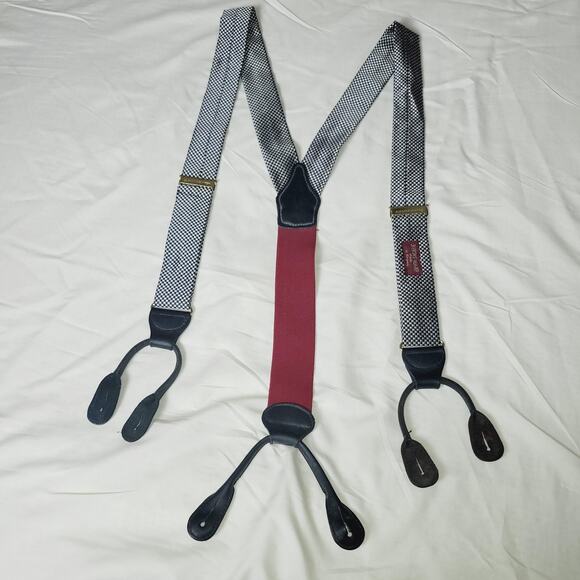 Barrons Hunter Suspenders Mens Black Gray Check Button End Leather Y-Back USA - Picture 1 of 8